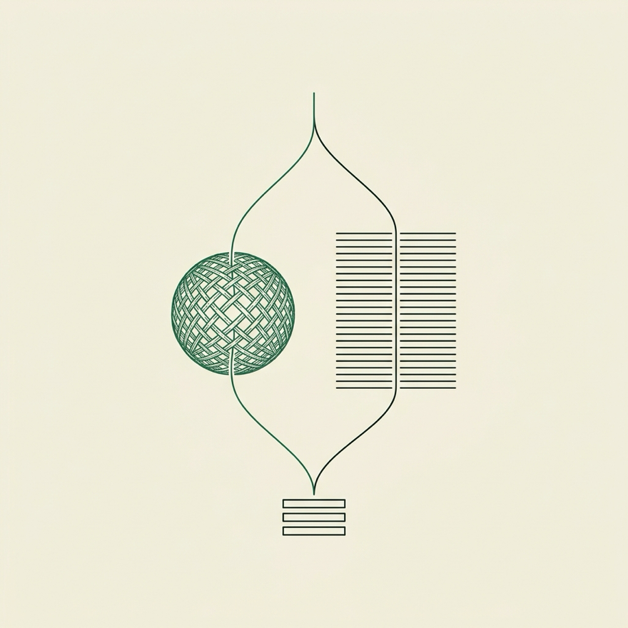 A query routed along two paths — through a woven lattice and through lines of text — converging into one ranked result